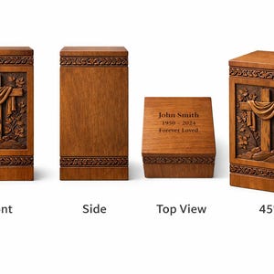 May include: Wooden urns with a carved cross design. The front view shows a detailed cross with draped fabric and floral accents. The side view is plain. The top view has engraved text. The 45-degree view shows the cross design.