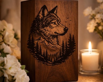 Wolf Engraved Wooden Urn for Ashes – Memorial Keepsake Box, Handmade Wood Cremation Urn