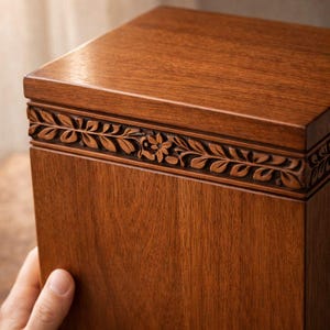 May include: A solid wood box with a premium finish, featuring a carved floral and leaf design around the top. The box is a warm brown color and has the words "Solid Wood &bull; Premium Finish - Natural Beauty" printed on it.