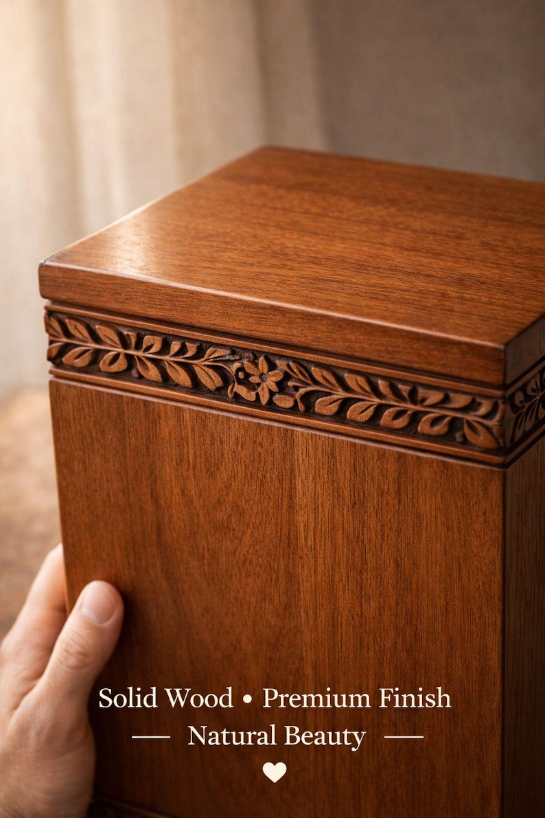 May include: A solid wood box with a premium finish, featuring a carved floral and leaf design around the top. The box is a warm brown color and has the words "Solid Wood &bull; Premium Finish - Natural Beauty" printed on it.