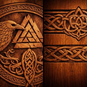 K&ouml;nnte beinhalten: Eine dunkelbraune Holzplatte mit komplexen Reliefschnitzereien. Die linke Seite zeigt das detaillierte Profil eines Raben neben einem dreieckigen Valknut-Symbol, w&auml;hrend die rechte Seite horizontale B&auml;nder mit durchgehenden keltischen Knotenmustern zeigt.
