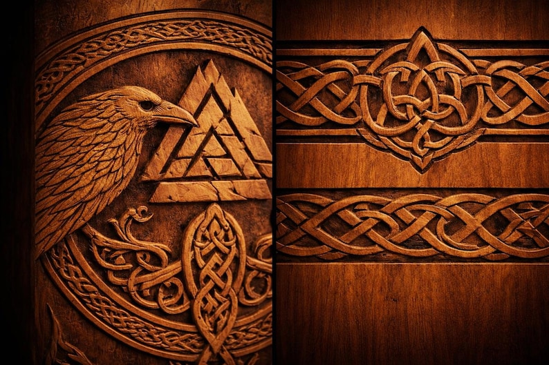 K&ouml;nnte beinhalten: Eine dunkelbraune Holzplatte mit komplexen Reliefschnitzereien. Die linke Seite zeigt das detaillierte Profil eines Raben neben einem dreieckigen Valknut-Symbol, w&auml;hrend die rechte Seite horizontale B&auml;nder mit durchgehenden keltischen Knotenmustern zeigt.