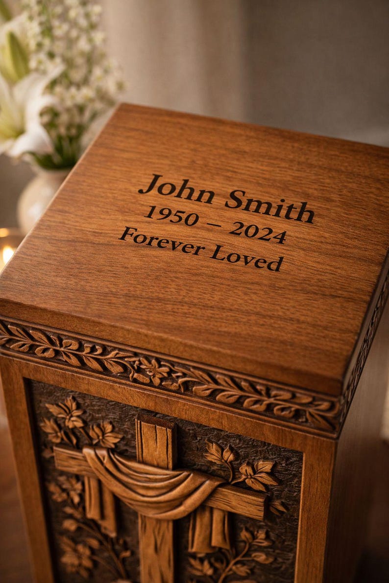 Personalized Wooden Urn Box, Cross Memorial Urn, Custom Ashes Keepsake image 4