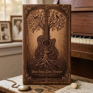 May include: A rectangular wooden plaque featuring a laser-engraved design of an acoustic guitar integrated into a tree with roots and branches. The text "Your Song Lives Forever" is engraved at the bottom, framed by an ornate decorative border.