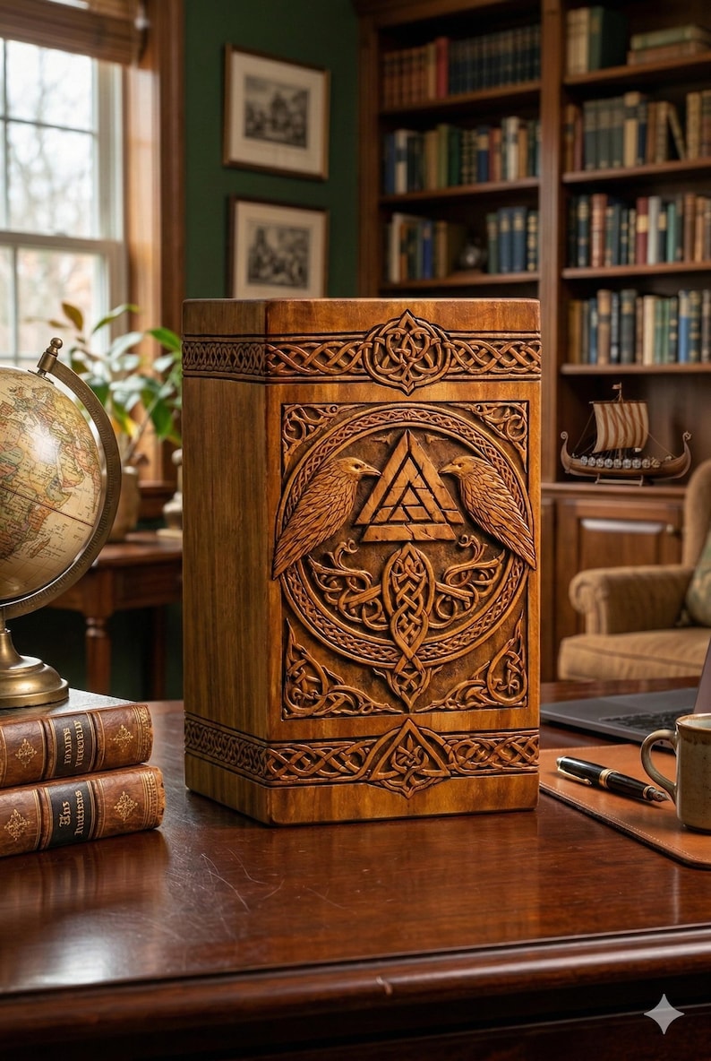 May include: A rectangular wooden box with detailed carvings. The box showcases a central design of two birds framing a triangle, encircled by Celtic knotwork. The wood has a warm, natural hue, and the carvings are intricate.