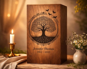 Personalized Wooden Urn Box – Tree of Life Engraved Memorial Box