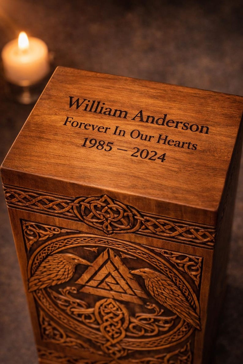 K&ouml;nnte beinhalten: Eine rechteckige Urne aus Holz mit dunkelbrauner Oberfl&auml;che und detaillierten Schnitzereien von zwei Raben, die ein zentrales dreieckiges Knotenmuster flankieren. Auf der Oberseite ist der Text William Anderson, Forever In Our Hearts, 1985-2024 eingraviert.