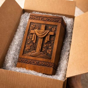 May include: A wooden box with a carved cross design, nestled in bubble wrap inside a cardboard box. The box is brown with intricate floral and cross carvings. The text "Secure Packaging", "Safe Delivery", and "Trustworthy Seller" are visible.