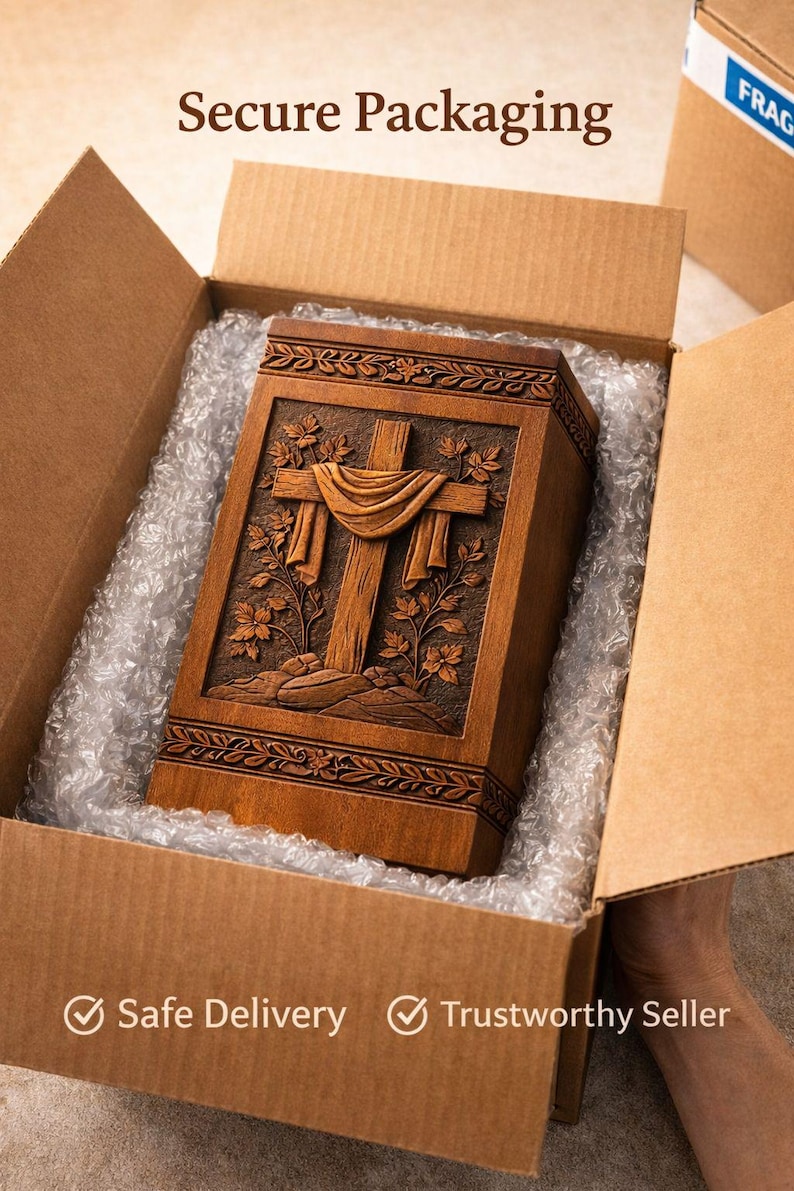 May include: A wooden box with a carved cross design, nestled in bubble wrap inside a cardboard box. The box is brown with intricate floral and cross carvings. The text "Secure Packaging", "Safe Delivery", and "Trustworthy Seller" are visible.