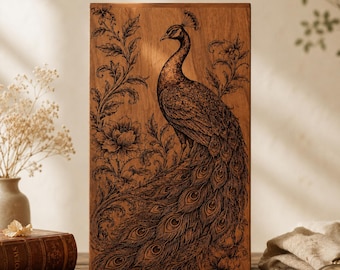 Urna funeraria artesanal de madera con forma de pavo real para cenizas.