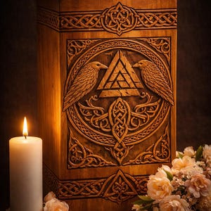K&ouml;nnte beinhalten: Eine rechteckige Holzbox mit aufwendigen Schnitzereien von zwei Raben, die ein zentrales dreieckiges Valknut-Symbol flankieren, umgeben von detaillierten Knotenmustern. Die Box ist in einem warmen Braunton gehalten.