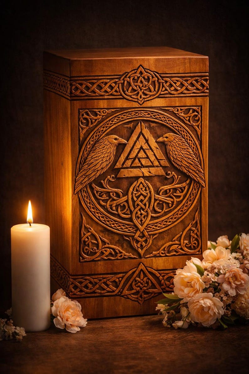 K&ouml;nnte beinhalten: Eine rechteckige Holzbox mit aufwendigen Schnitzereien von zwei Raben, die ein zentrales dreieckiges Valknut-Symbol flankieren, umgeben von detaillierten Knotenmustern. Die Box ist in einem warmen Braunton gehalten.