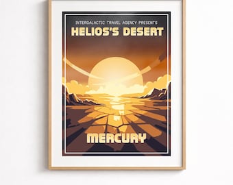 Affiche de voyage vintage Mercury – Art mural imprimable rétro science-fiction – Décoration spatiale du désert Helios
