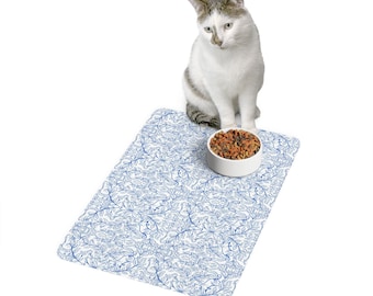 Alfombrilla para comedero de mascotas Botanical Cats Blue