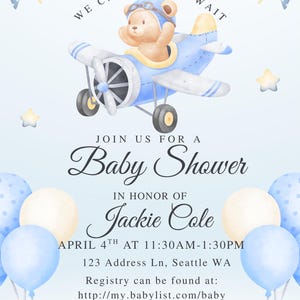 May include: Baby shower invitation with a watercolor illustration of a teddy bear in a blue airplane. The invitation includes the text "We can bearly wait" and details for Jackie Cole's baby shower, including date, time, and location.
