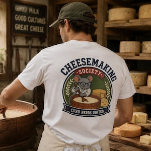Op de afbeelding: Een wit t-shirt met een afbeelding op de achterkant van een muis met een bril en een witte jas, die in een houten tobbe met wrongel roert. De tekst luidt CHEESEMAKING SOCIETY en CURD NERDS UNITED, omlijst door een groene cirkel met korenaren.