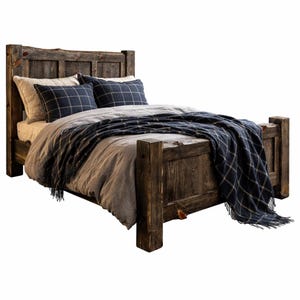 May include: A rustic wooden bed frame with a headboard and footboard. The bed is made of dark brown wood and is furnished with a gray comforter, pillows, and a navy blue plaid throw blanket. The bed frame is sturdy and has a natural, weathered look.