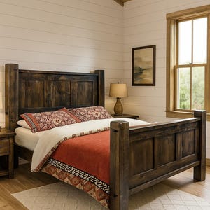 May include: A dark stained wooden bed frame with a headboard and footboard. The bed is made up with a white comforter, a red patterned blanket, and two decorative pillows. A beige rug sits on the wooden floor.