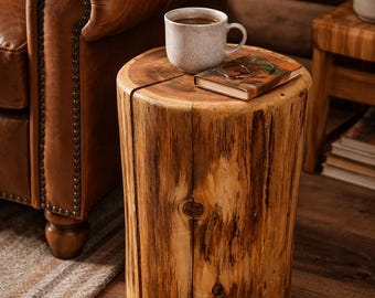 Cedar Stump Side Table, Rustic Plant Stand, Solid Wood Stool, Natural Lacquer Finish