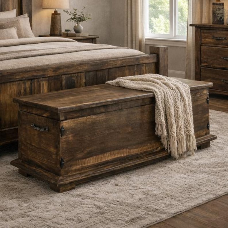 Rustic Blue Pine Blanket Chest, Forged Iron Accents, Farmhouse Storage Bench Trunk image 3