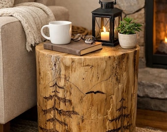 Stump End Table, Spruce, Woodland Decor, Wood-Burned Plant Stand, Cabin, Lodge, Natural Wood Accent , Solid Wood Cowboy Stump.