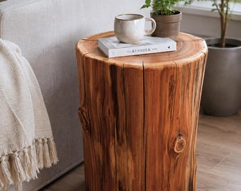 Cedar Stump Side Table, Rustic Plant Stand, Solid Wood Stool, Natural Lacquer Finish