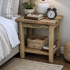 May include: A rustic wooden nightstand with a lower shelf and a woven basket. A black alarm clock, books, and a small potted plant sit on top. The nightstand is made of light-colored wood and has a distressed finish.