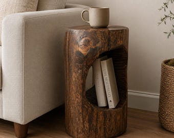 Rustic Pine Stump Side Table with Storage Hole, Jacobean Stain, Clear Lacquer Finish, Wood Plant Stand, Cabin Nightstand