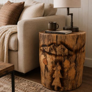 May include: A cylindrical wooden side table made from a natural tree stump with a light brown finish. The exterior features dark, burned-in illustrations of a mountain range and a pine tree. A dark ceramic mug and a book sit on the flat top surface.