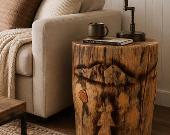 Handmade Torch-Burned Pine Wood Stump Table, Rustic Log Plant Stand, Cabin Decor Accent Furniture