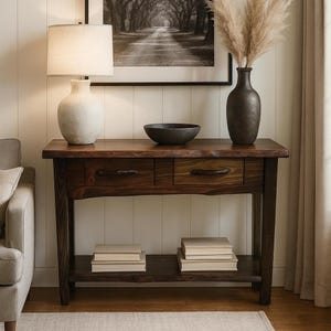 May include: A dark brown wooden console table with two drawers and a lower shelf. A white lamp, a black bowl, and a dark vase with tall grass are on top. The table is in a living room setting.