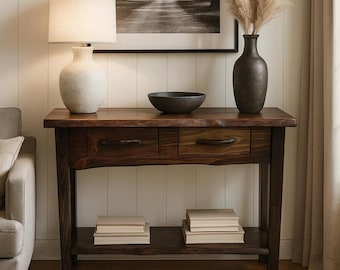 Rustic Live-Edge Console Table with Drawers and Shelf, Farmhouse Entryway Furniture Handmade Montana