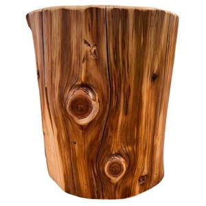 Pu&ograve; includere: Uno sgabello o tavolino cilindrico in legno ricavato da un unico tronco, con una finitura lucida color marrone chiaro-medio che mette in risalto le venature naturali, le fessure verticali e due nodi circolari sulla parte anteriore.