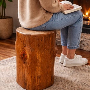 Blue Pine Log Stump Square Side Table, Rustic Live-Edge Accent Seating, Lodge Decor