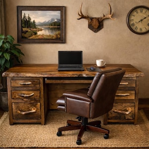 May include: A rustic wooden desk with drawers and a brown leather office chair. A laptop, coffee cup, and mouse are on the desk. A framed landscape painting, a clock, and deer antlers decorate the wall.