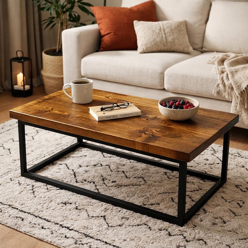 May include: A rectangular wooden coffee table with a dark brown finish and a black metal frame. The table holds a white mug, a book with the text "INSPIRED JOURNEYS", glasses, and a bowl of berries. The table sits on a patterned rug.