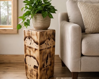 Square Spruce/Pine Torched Burned Stump Plant Stand, Rustic Woodland Cabin Decor Side Table