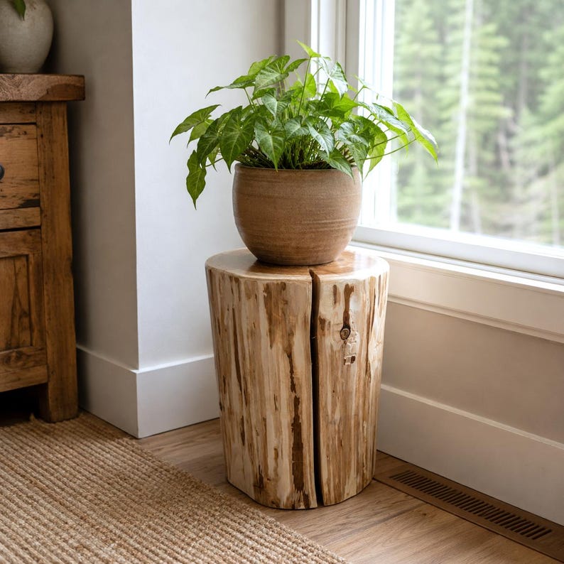 Pu&ograve; includere: Uno sgabello cilindrico in legno ricavato da un unico tronco con una spaccatura verticale sul lato. Un vaso in ceramica color marrone chiaro contenente una pianta dalle foglie verde brillante poggia sullo sgabello, che mostra venature naturali.
