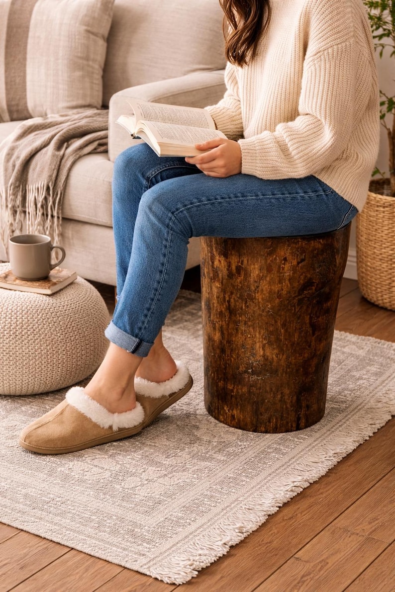 Puede incluir: Un par de pantuflas de gamuza color canela con forro y ribete de piel sint&eacute;tica blanca. Las pantuflas tienen un dise&ntilde;o de punta redondeada y un estilo sin cordones, lo que proporciona una apariencia suave y texturizada. El exterior es marr&oacute;n claro.