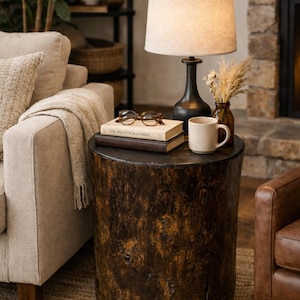 Puede incluir: Una mesa auxiliar cil&iacute;ndrica de madera marr&oacute;n oscuro con una l&aacute;mpara de metal negro, una pantalla de tela beige, dos libros apilados titulados The Photographers, gafas de montura marr&oacute;n, un peque&ntilde;o jarr&oacute;n de vidrio &aacute;mbar y una taza de cer&aacute;mica.