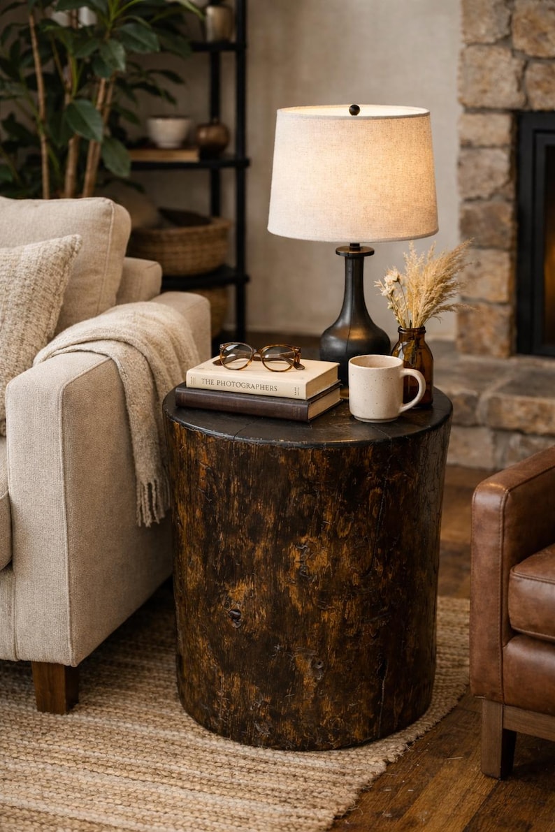 Puede incluir: Una mesa auxiliar cil&iacute;ndrica de madera marr&oacute;n oscuro con una l&aacute;mpara de metal negro, una pantalla de tela beige, dos libros apilados titulados The Photographers, gafas de montura marr&oacute;n, un peque&ntilde;o jarr&oacute;n de vidrio &aacute;mbar y una taza de cer&aacute;mica.