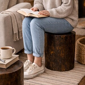 Puede incluir: Un taburete cil&iacute;ndrico de madera marr&oacute;n oscuro con textura de corteza natural. El taburete est&aacute; colocado sobre una alfombra texturizada y sirve de asiento para una persona que lleva vaqueros azul claro, un jersey beige y zapatillas blancas.