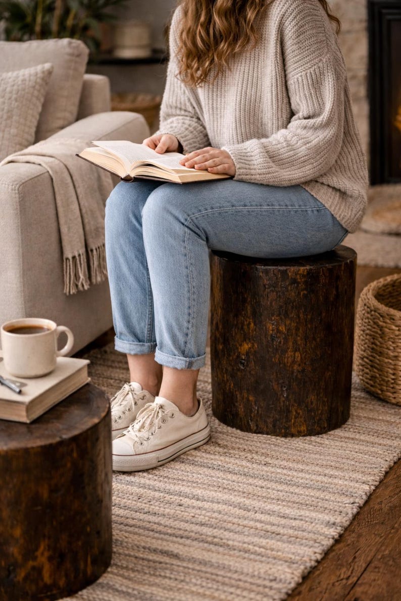 Puede incluir: Un taburete cil&iacute;ndrico de madera marr&oacute;n oscuro con textura de corteza natural. El taburete est&aacute; colocado sobre una alfombra texturizada y sirve de asiento para una persona que lleva vaqueros azul claro, un jersey beige y zapatillas blancas.