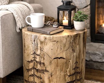 Woodland Scene Stump End Table, Hand-Burned Wood Plant Stand, Rustic Lodge Décor