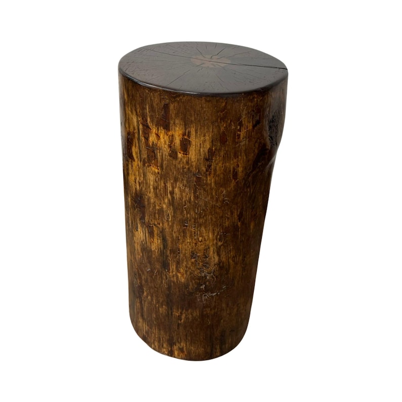 Puede incluir: Un taburete o mesa auxiliar cil&iacute;ndrica de madera que presenta un exterior de corteza texturizada de color marr&oacute;n oscuro y una superficie superior lisa y plana que muestra patrones de veta de madera y un detalle de anillo central.