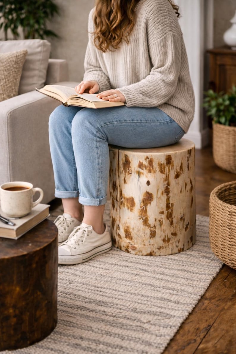 Puede incluir: Un taburete cil&iacute;ndrico de madera con una veta natural de color claro, manchas marrones prominentes y un acabado liso y pulido. El taburete funciona como un asiento bajo y resistente con una superficie superior plana y una estructura s&oacute;lida.