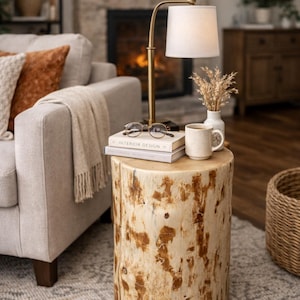 Puede incluir: Una mesa auxiliar cil&iacute;ndrica hecha de un tronco de madera con acabado claro y parches de corteza visibles. Encima hay una l&aacute;mpara de lat&oacute;n con pantalla blanca, dos libros apilados con el t&iacute;tulo Interior Design, unas gafas y una taza.