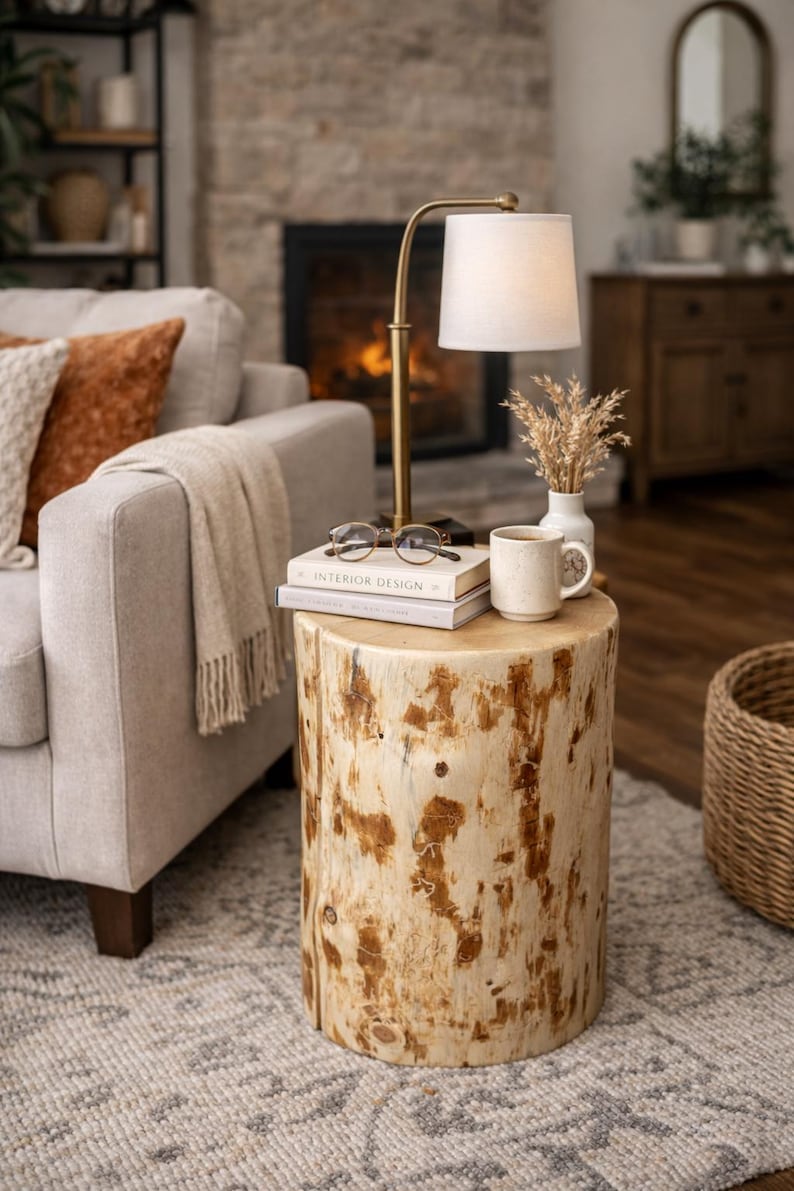 Puede incluir: Una mesa auxiliar cil&iacute;ndrica hecha de un tronco de madera con acabado claro y parches de corteza visibles. Encima hay una l&aacute;mpara de lat&oacute;n con pantalla blanca, dos libros apilados con el t&iacute;tulo Interior Design, unas gafas y una taza.