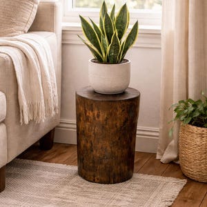 Puede incluir: Un taburete cil&iacute;ndrico de madera marr&oacute;n oscuro con una textura natural similar a la corteza, coronado por una maceta de cer&aacute;mica blanca texturizada que contiene una planta de serpiente con hojas verde oscuro y bordes amarillos.