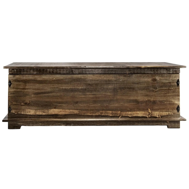 May include: A large, rectangular wooden chest with a distressed finish. The chest is made of dark brown wood with visible grain and knots. It features a flat top, a base, and decorative metal accents on the front. The chest is approximately 152 cm long.